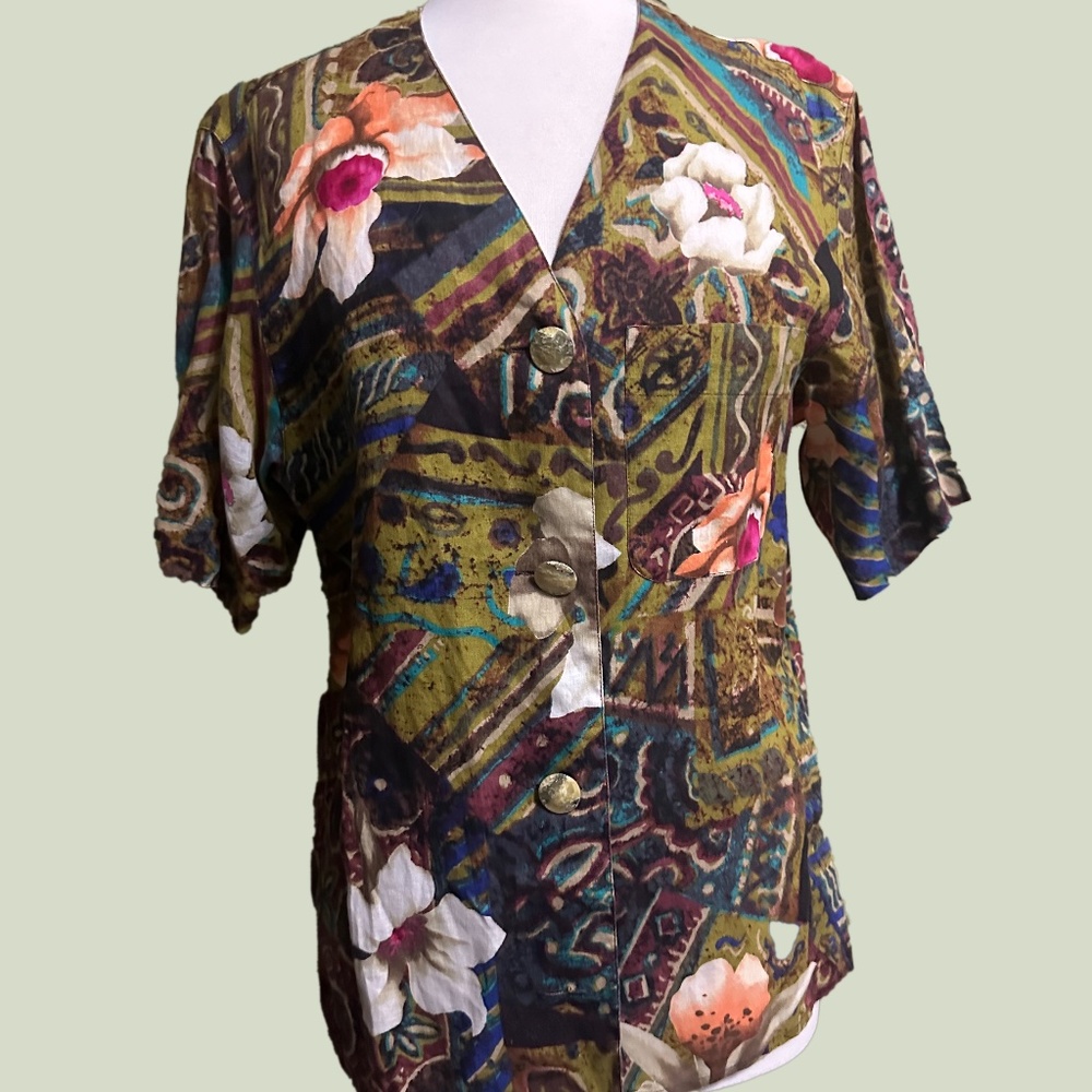 Maxmara Floral Linen Button Down Short Sleeve Top - image 1